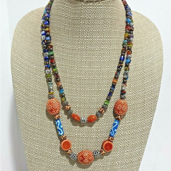 Double Strand Beaded Necklace Colorful Glass & Ceramic Stone Beads Artisan Look - Picture 1 of 6